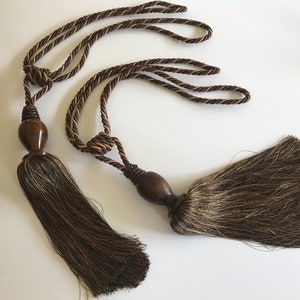 Drapery curtain Tiebacks w/ tassels SET of 2 Brown Wood details Twisted Rope curtain tie backs 10 inch tassel Grannycore 16&quot; drapery ties