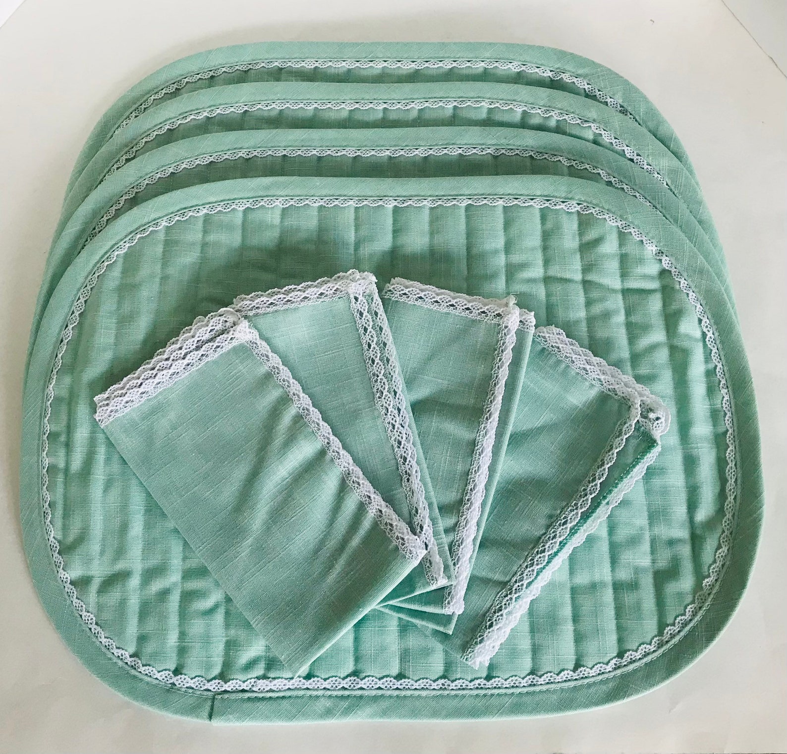Quilted linen Placemat and Napkin Set with lace trim/Seafoam Etsy