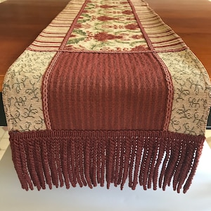 Tapestry Table Runner with 5" twisted rope fringe Textured Tuscan Red w Bordeaux rope lined runner with stripes florals Mother's Day gift