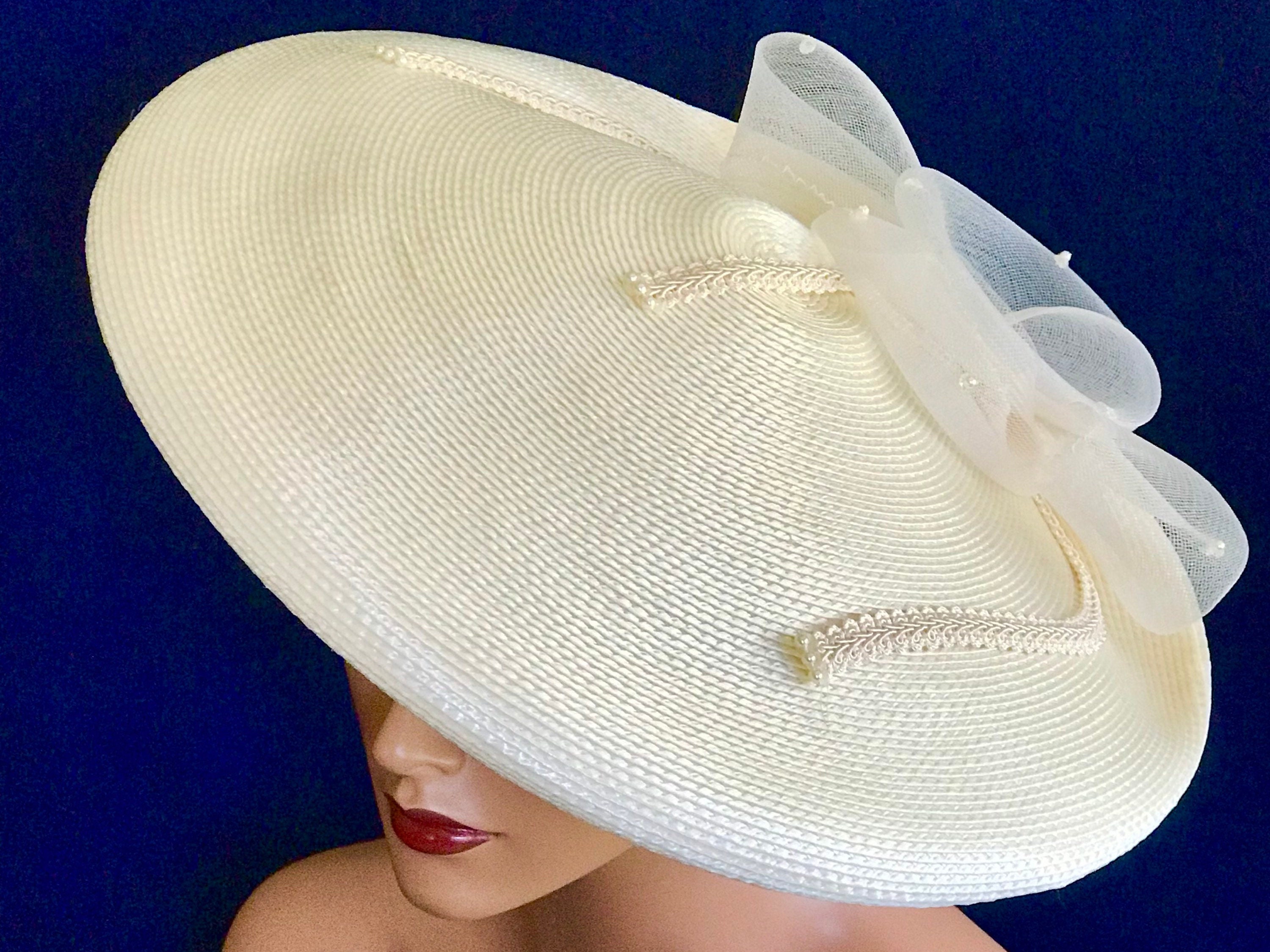 Large Church Hat With Bow Pearl Accents 