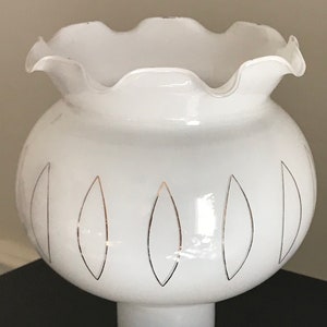 Ruffle Rim Glass Shade with Midcentury Gold Paint details Wide Belly White Hurricane with Gold Marquise shapes White glass replacement shade