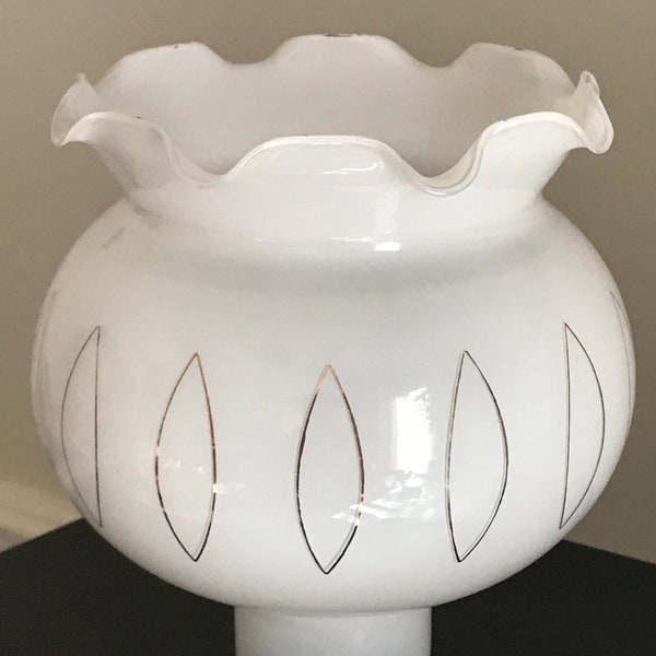 White Ruffle rim Candle Shade Globe white glass Electric lamp shade with midcentury Gold paint details Wide Belly glass shade