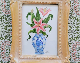 FRAMED Original Lily Flower Gouache Painting- 5"x7" Desktop handmade art/ gift for mom or nature lovers/ flower in Chinoiserie pot