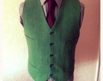 Green Harris Tweed Waistcoat Wedding Party Groomsmen Custom made Vest Best Man