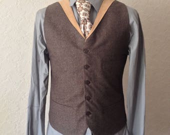Brown Wool Waistcoat with collar Wedding Vest All Sizes Slim Fit Large Smart Brown Vest Tweed Donegal