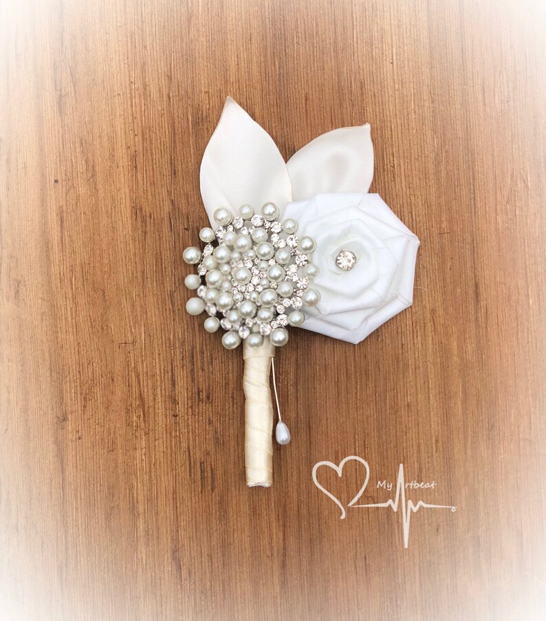 Satin Flower and Leaves Ivory and Silver Brooch Boutonniere Pearl Brooch Boutonniere