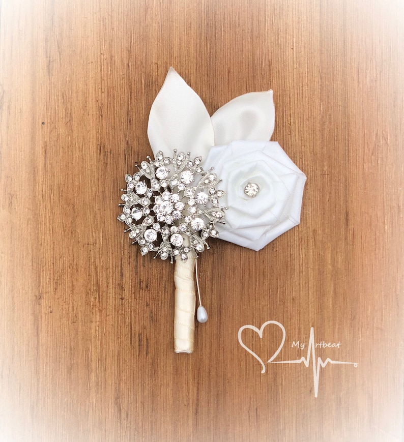 Satin Flower and Leaves Ivory and Silver Brooch Boutonniere Pearl Brooch Boutonniere