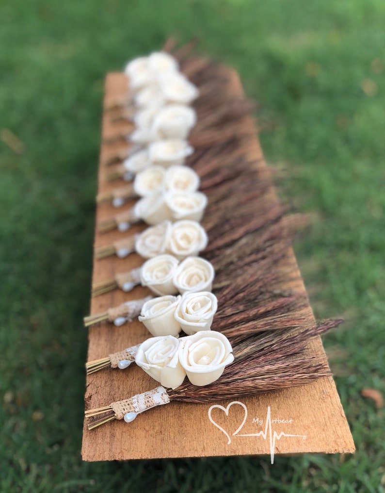 Brown and Ivory Boutonniere Wheat Boutonniere Country Boutonniere Sola Flower Boutonniere Rustic Wheat /& Sola Boutonniere