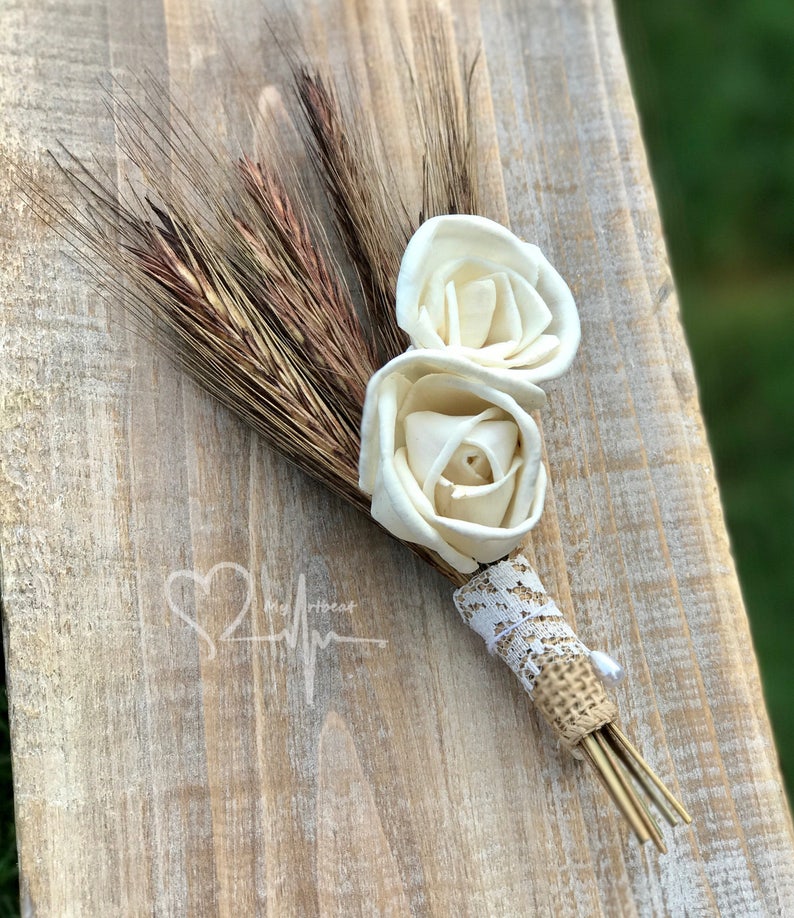 Brown and Ivory Boutonniere Wheat Boutonniere Country Boutonniere Sola Flower Boutonniere Rustic Wheat /& Sola Boutonniere