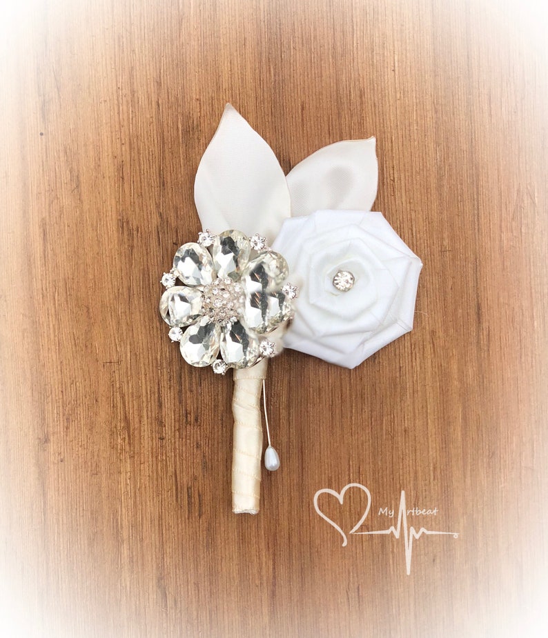Satin Flower and Leaves Ivory and Silver Brooch Boutonniere Pearl Brooch Boutonniere