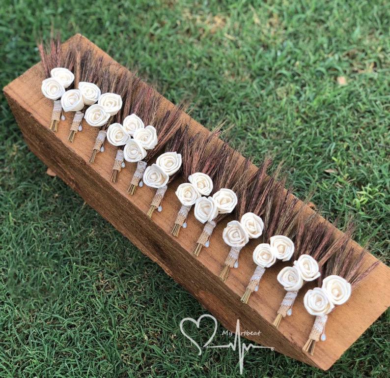 Brown and Ivory Boutonniere Wheat Boutonniere Country Boutonniere Sola Flower Boutonniere Rustic Wheat /& Sola Boutonniere