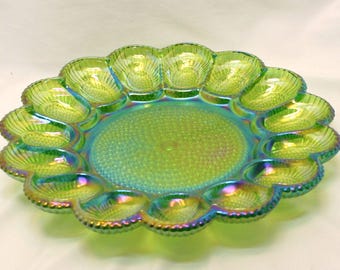 Vintage & Collectable Indiana Deviled Egg Plate Lime Green Carnival Glass in Excellent Condition