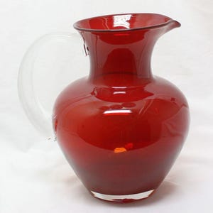 Vintage Viking Ruby Red Hand Blown Pitcher With Clear Handle Excellent Condition