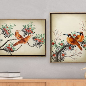 Japanese Birds Print SET of 2, Birds Art Print, Flowering tree, Vintage Style Printed Traditional Japanese Sets Art, Fast Track Shipping