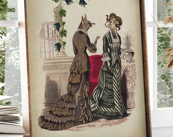 Female Animals Portrait Art Print, Vintage Ladies at the Library, Animal with Victorian clothes, Fox and Anthropomorphic Illustration, Goat