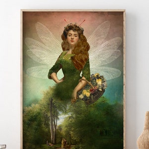 Spring Collage Poster, Woman with basket of Flowers, surrealist dreamy collage, Forest Trees, Ethereal nature painting, photomontage,
