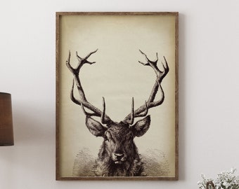 Impresión de astas de ciervo, cartel de decoración del bosque de la cabaña, decoración de otoño, cabeza de animal salvaje, cara de ciervo, animal del bosque, casa de invierno, blanco y negro