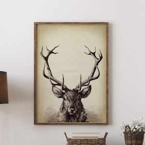 Stampa di corna di cervo, poster di arredamento della foresta di cabina, arredamento autunnale, testa di animale selvatico, faccia di cervo, animale della foresta, casa invernale, bianco e nero