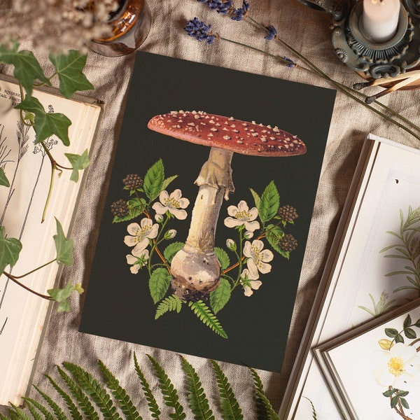 Stampa di funghi Amanita Muscaria. Poster botanico della foresta, arredamento autunnale, arredamento accademico scuro, arte murale del nucleo del cottage, casa boho popolare