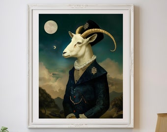 White goat Poster, Animal Wall Art Print, vintage style painting, quirky art, contemporary decor, Victorian dressed animal portrait.