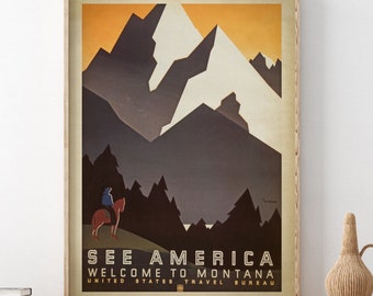 Póster vintage de viaje a Montana: arte de vaqueros y paisajes de montaña