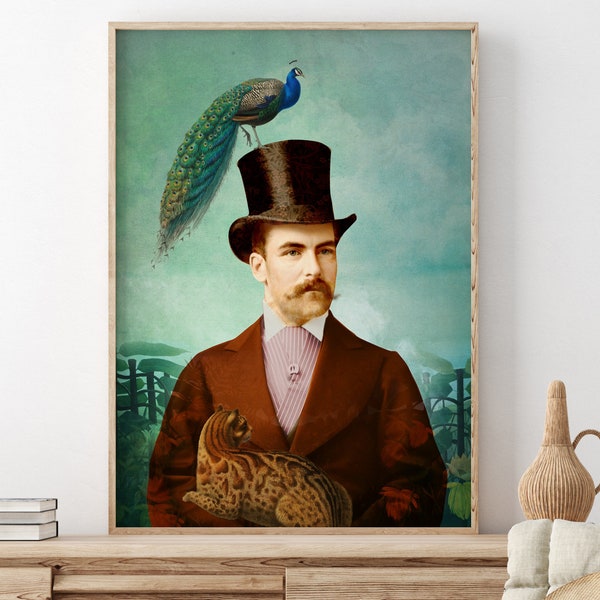 Gentleman with seine pets Poster, Männerportrait, verträumte Collage, Collage, Malerei, Fotomontage, surreal, veränderte Art