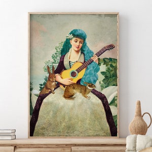 Jungle Serenade Poster, Woman portrait,  woman playing guitar, dreamy collage,  collage, painting, photomontage, surreal, altered art