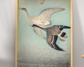 Japanese Ducks Art Print, Geese Flying Poster, Elegant Japanese Birds Wood Block Vintage Style Illustration, Wall Art, Fast Track