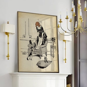 Impresión art nouveau, dama gato, chica dueña de gato con sus gatos domésticos, cartel vintage de la revista flapper parisina de los años 20, arte de pared de mujer francesa