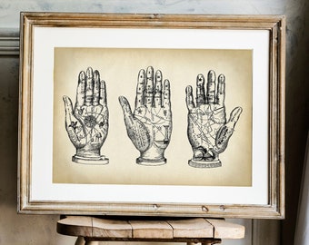 Palmistry Art Print: Vintage Hand Reading Diagram Poster