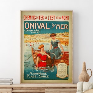 Cartel de viaje de Francia vintage, cartel de playa francesa, cartel de viaje vintage, chicas en traje de baño, gente nadando en la playa, arte de pared retro
