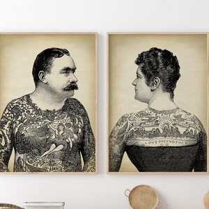 Tattooed couple Print SET of 2 prints, tattoo, men and woman with old school tattoos, vintage tattoos, Tattooed men print