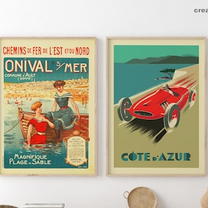 Vintage racing poster SET of 2, France Travel Poster, french coast, summer beach poster, retro Wall Art