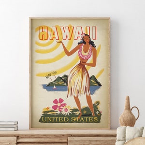Hula Girl Hawaii Travel Poster, Hawaiian Island, Vintage American travel poster, Gallery Art Poster, retro  Wall Art