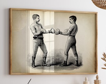 Boxing Poster art print, male sport wall art, vintage Boxing art, victorian men fighting in black and white, sepia color Fast Track Shipping