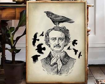 Edgar Allan Poe poster, Literature decor, Poe portrait, literary art print, the raven wall decor, gothic literature, vintage aesthetic