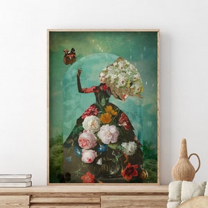 Blumen im Glas Poster, Frauenportrait, verträumte Collage, Stillleben, terrarium, collage, Malerei, Fotomontage, surreal, veränderte Art