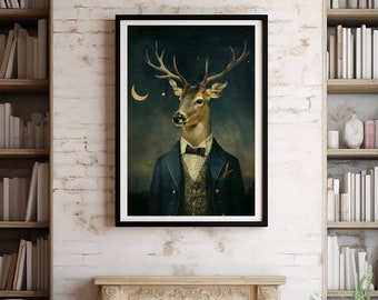 Animal Wall Art Print, Deer Poster, dreamy starry night, vintage style painting, quirky art, Victorian animal wearing clothes, deer portrait