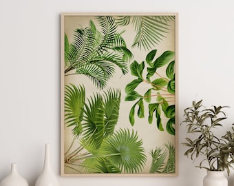 Impresión de arte de hojas grandes de palmera, cartel de plantas verdes botánicas, cartel del bosque de la selva, arte de pared tropical exótico, decoración de vegetación