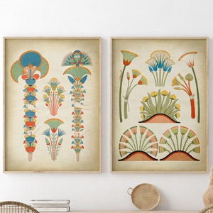 Conjunto de 2 estampas florais egípcias Art Nouveau, pôster de artes gráficas, conjunto de correspondência de impressão artística com ornamentos botânicos do Egito, arte em estilo vintage