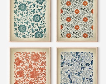 William Morris Floral Art Prints: Elegant Blue & Orange Oriental Design, Set of 4