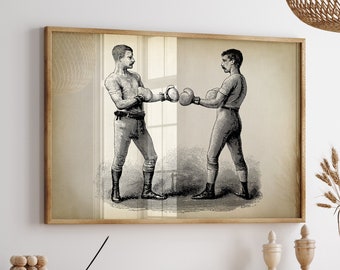 Vintage Boxing Art Print: Victorian Men, Sepia Tone, Black, and white, Male Sports