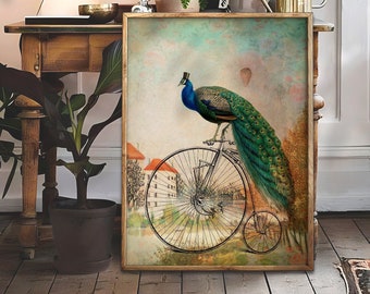 Altered art victorian print, Mister Peacock Sunday Walking, animal on bike, Dreamy vintage collage, funny animal painting, quirky animal art