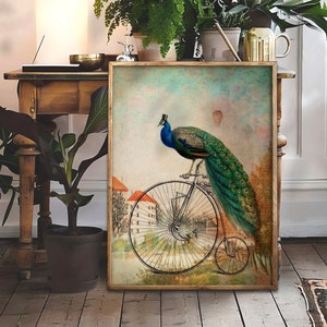 Altered art victorian print, Mister Peacock Sunday Walking, animal on bike, Dreamy vintage collage, funny animal painting, quirky animal art