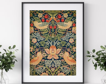 William Morris Print, Birds with Strawberries Pattern textile print, Decorative Arts Poster, Vintage art nouveau floral pattern art