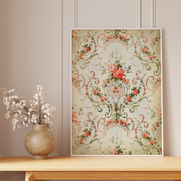 Floral baroque pattern textile print, vintage aesthetic, rococo poster, victorian damask wall art