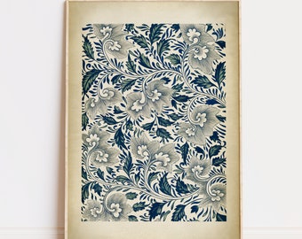 CHINESE GRAPHIC ART textile print, Elegant Blue Floral toile Design Poster, Chinese Drawing, Exotic Art, Floral Pattern, Floral Art