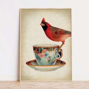 Lovely red bird on a teacup print, bird poster, teacup and bird, coffee cup breakfast, bird illustration, bird art Fast Track Shipping