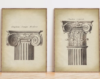 May include: Two black and white illustrations of architectural column capitals. The left image shows a "Chapiteau Ionique Moderne" with a scroll design. The right image shows a "Chapiteau Composite" with a more ornate design.