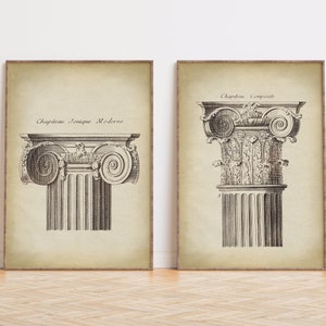 Architecture Print SET of 2, aged architectural drawings poster, architecture wall art, vintage architecture